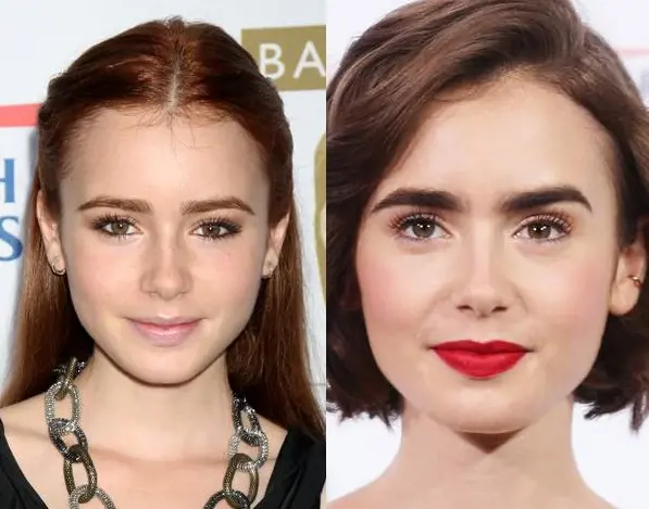 Before and after transformation of actress Lily Collins.