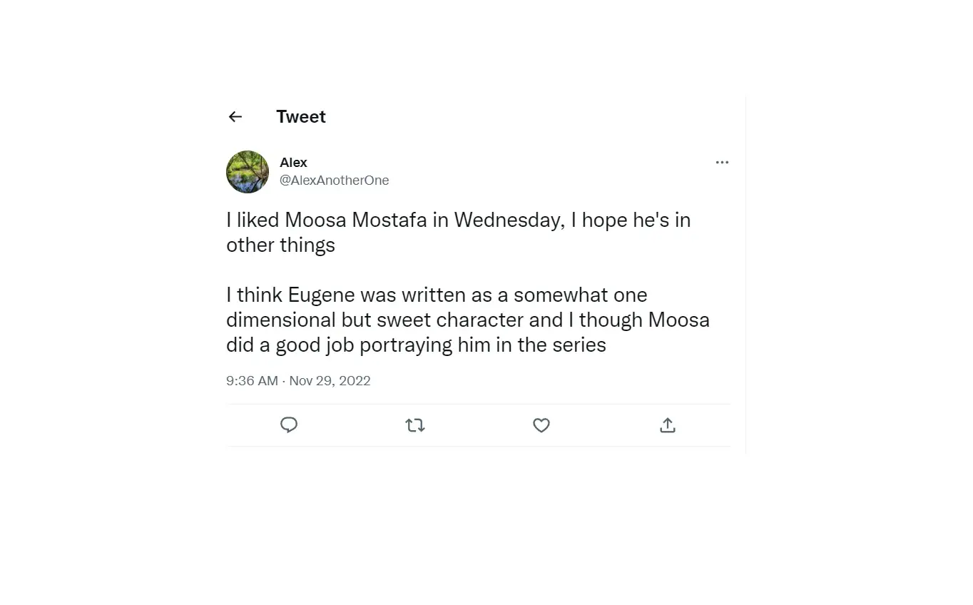 A Tweet dedicated to Musa Moostafa and his character as Eugene