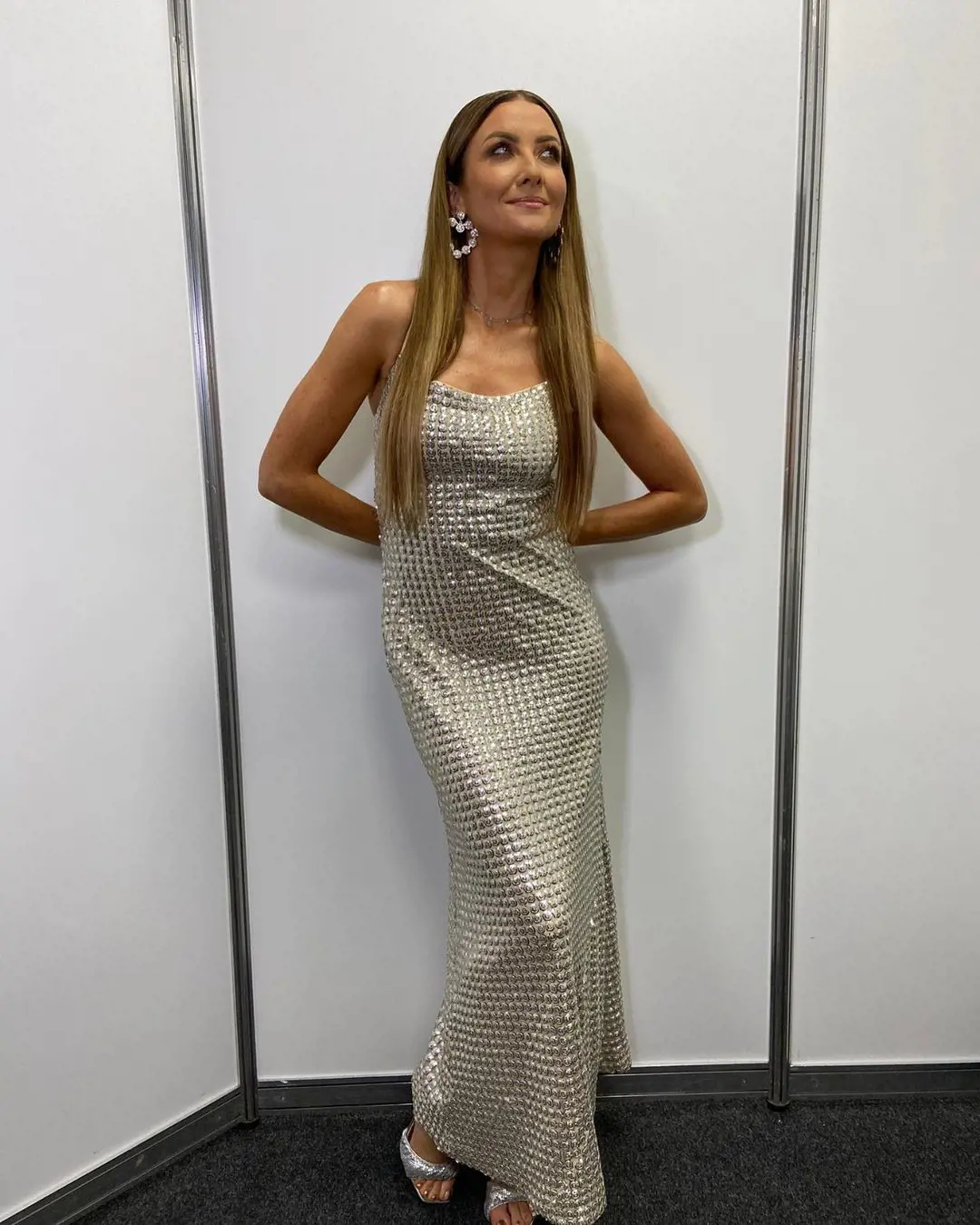 Jennifer styled by Fiona in silver sequin dress from Rhode